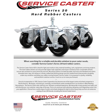 Service Caster 4 Inch Hard Rubber Wheel Swivel 3/8 Inch Threaded Stem Caster Set SCC-TS20S414-HRS-381615-4